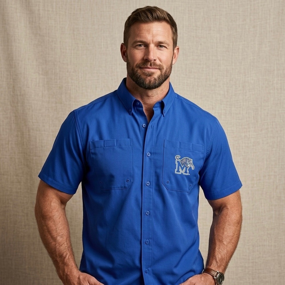 ProEdge Memphis Tigers Fishing Shirt Mens Large Blue UPF 50 Button Down NWT